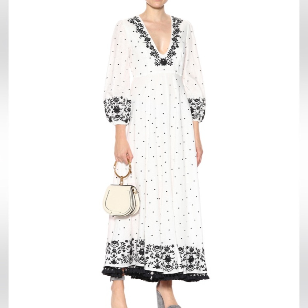 Zimmermann Embroidered Tali Linen Dress Black White Tassels Boho M 2 EUC